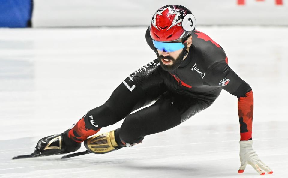 Steven Dubois of Canada, shown in this file photo, won gold in the men's 500-metre final at the World Cup short track speed skating event in Gdansk, Poland on Sunday. (Graham Hughes/The Canadian Press/File - image credit)