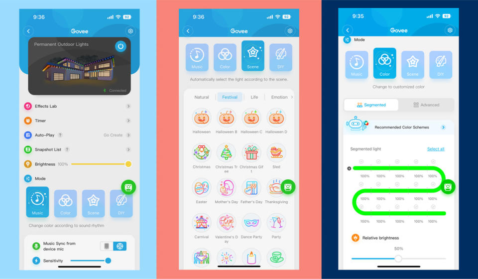 Three different areas of the Govee app that's used to control the lights.