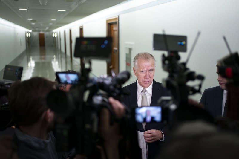 Sen. Thom Tillis, R-NC, said if Schumer “were serious about” the bump stock ban, the New York Democrat “would be calling people into a room who’ve worked on bipartisan bills and say, ‘I know I’ve got an unwilling House. How do we produce a bipartisan outcome?’” Photo by Bonnie Cash/UPI