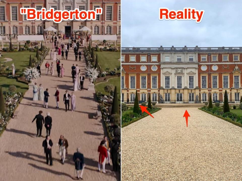 The Privy Garden at Hampton Court Palace in "Bridgerton," and in reality.