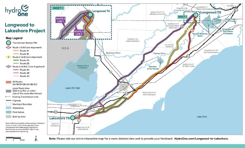 These are the three proposed transmission line routes from Hydro One.