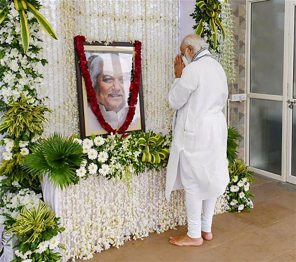 Prime Minister Narendra Modi pays tribute to former Gujarat chief minister late Keshubhai Patel in Gandhinagar, Friday, 30 October.