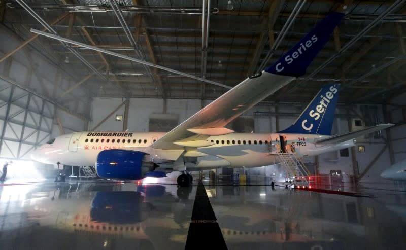 A Bombardier CSeries100 aircraft is seen prior to  a news conference in Montreal, February 17, 2016.   REUTERS/Christinne Muschi 