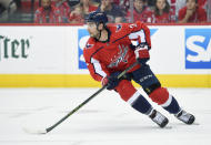 FILE - In this April 26, 2018, file photo, Washington Capitals defenseman Matt Niskanen (2) skates with the puck during the first period in Game 1 of an NHL second-round hockey playoff series against the Pittsburgh Penguins,in Washington. The Philadelphia Flyers have acquired defenseman Matt Niskanen from the Washington Capitals for defenseman Radko Gudas. This is the first significant move of the NHL offseason after the St. Louis Blues won the Stanley Cup less than 36 hours prior. (AP Photo/Nick Wass, File)