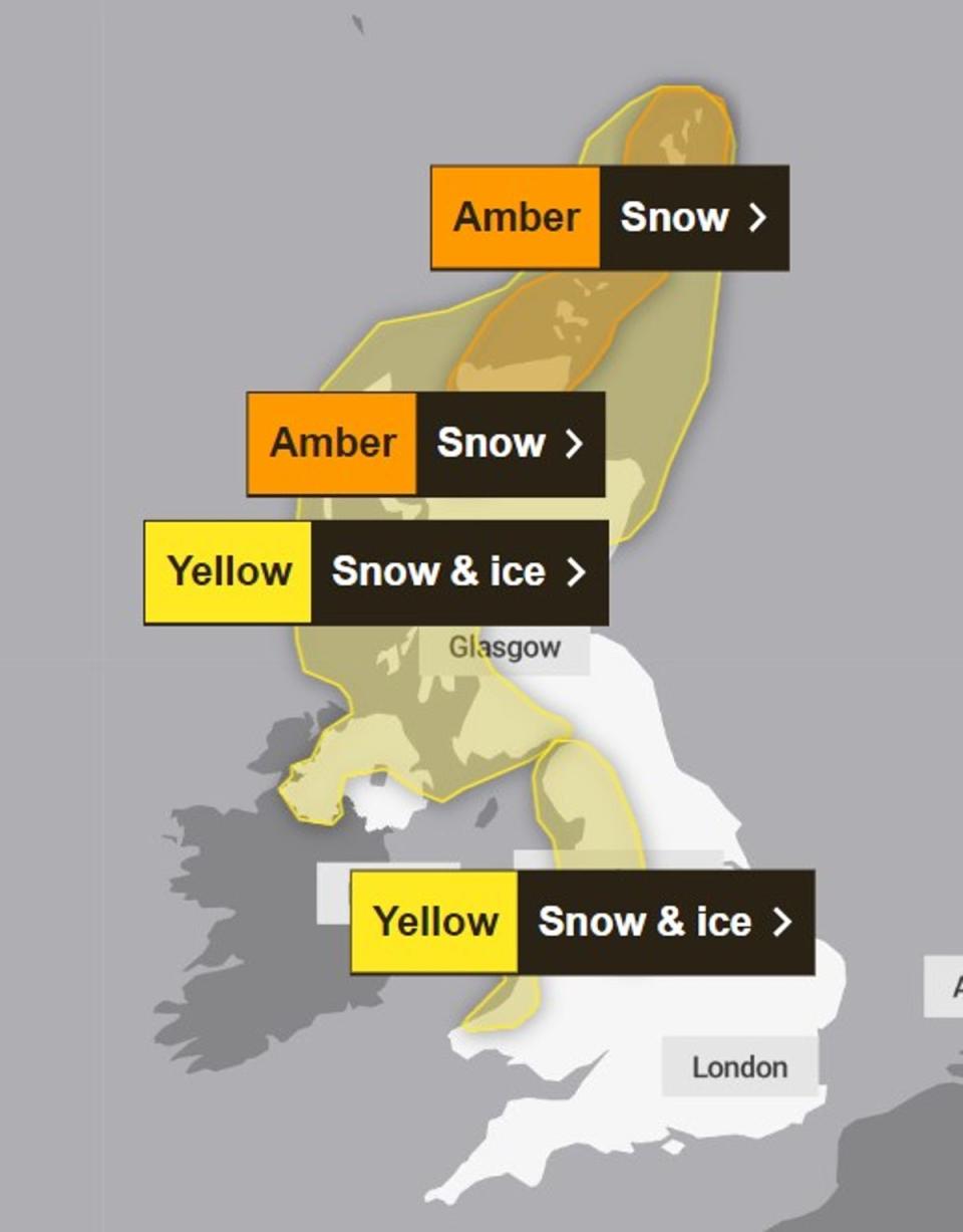 Amber and yellow warnings in place for 18/01 (Met Office)