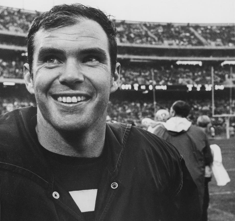 Oakland Raiders quarterback Daryle Lamonica smiles during the final minutes of the December 22, 1968 winning AFL division championship game against the Kansas City Chiefs at the Oakland-Alameda County Coliseum.