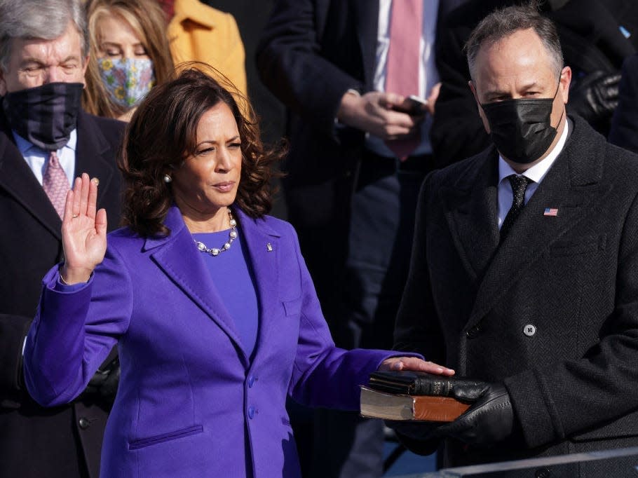 Kamala Harris is sworn as vice president in January 2021.