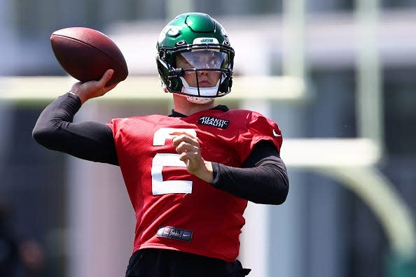 Quarterback Zach Wilson #2 of the New York Jets during New York Jets mandatory minicamp at Atlantic Health Jets Training Center on June 15, 2022 in Florham Park, New Jersey.
