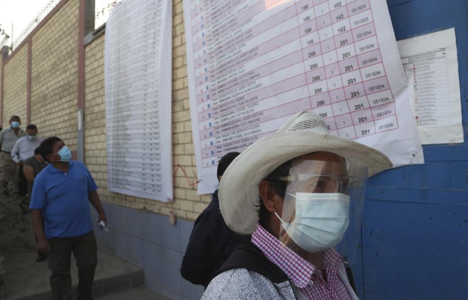 Voters wait for the opening of a polling station during general elections in Lima, Peru, Sunday, April 11, 2021. (AP Photo/Martin Mejia)