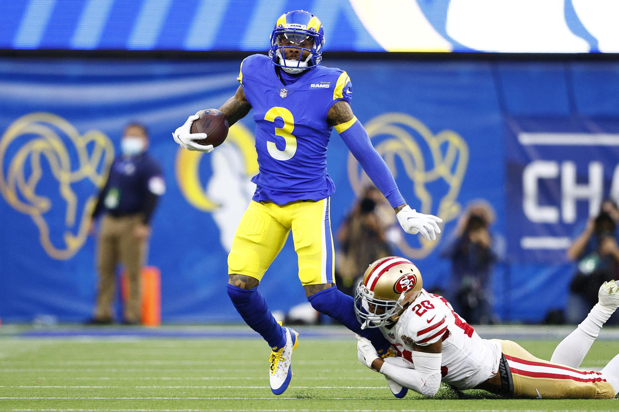INGLEWOOD, CALIFORNIA - JANUARY 30: Odell Beckham Jr. #3 of the Los Angeles Rams runs after a catch in the second quarter against Ambry Thomas #20 of the San Francisco 49ers in the NFC Championship Game at SoFi Stadium on January 30, 2022 in Inglewood, California. (Photo by Ronald Martinez/Getty Images)