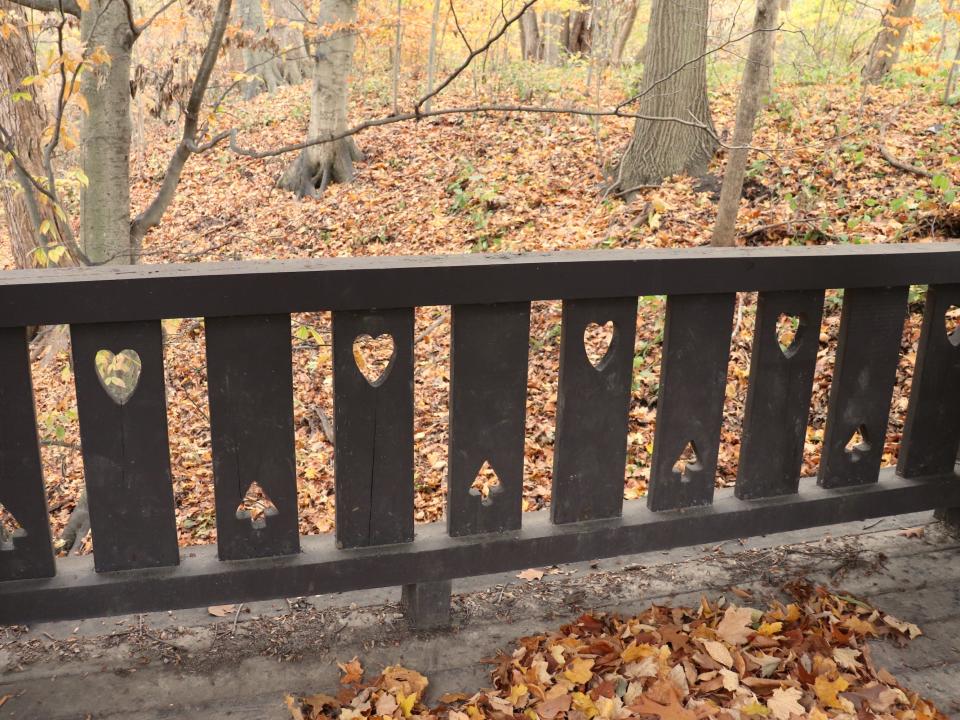 A railing with cutouts on Seven Bridges Trail.