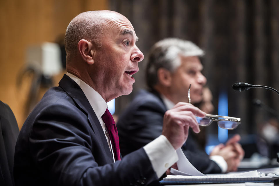 Secretary of Homeland Security Alejandro Mayorkas testifies before a Senate Homeland Security and Governmental Affairs Committee hearing, Tuesday, Sept. 21, 2021 on Capitol Hill in Washington. (Jim Lo Scalzo/Pool via AP)