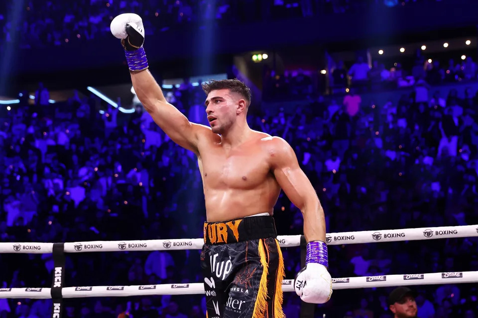 MANCHESTER, ENGLAND - OCTOBER 14: Tommy Fury celebrates victory during the Misfits Cruiserweight fight between KSI (Olajide Olayinka Williams) and Tommy Fury at AO Arena on October 14, 2023 in Manchester, England. (Photo by Matt McNulty/Getty Images)