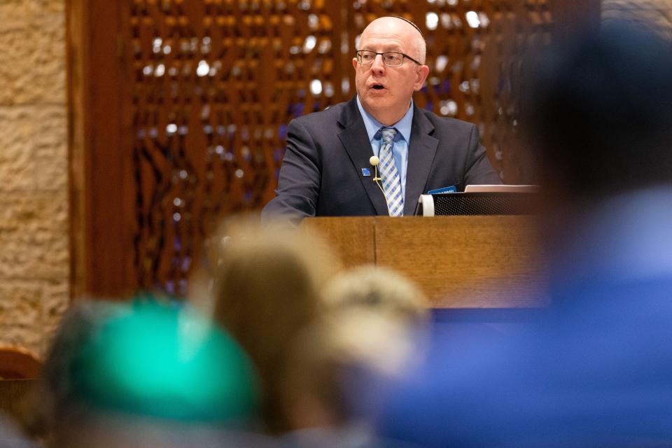 Rabbi Sidlofsky leads a ceremony of prayer, song and readings at Temple Israel as a time for community members to show solidarity and support for Israel on Monday, Oct. 9, 2023.