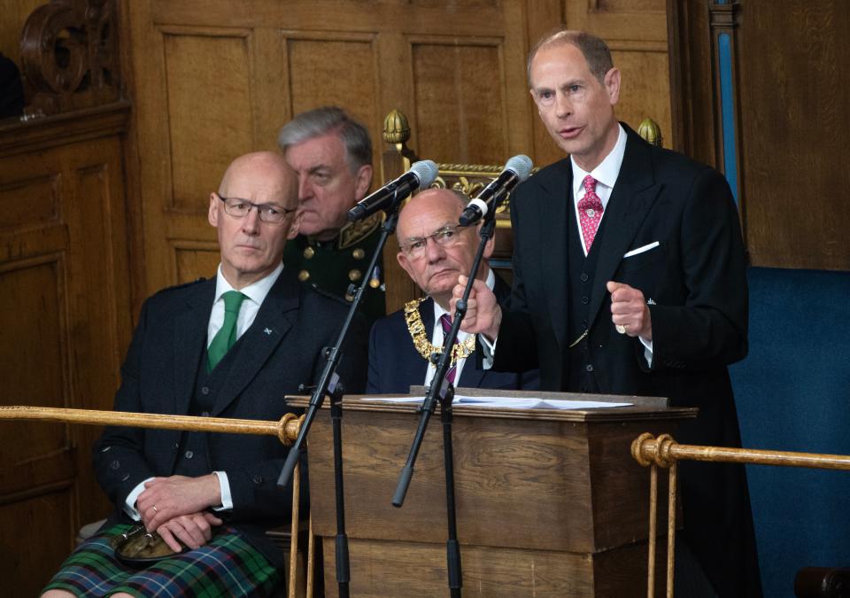 The Duke of Edinburgh, who represents King Charles III as Lord High Commissioner, speaking at the General Assembly of the Church of Scotland at the Assembly Hall in Edinburgh on Saturday (Lesley Martin/PA Wire)