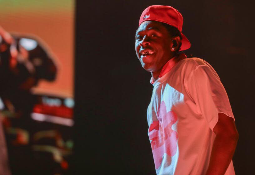 Los Angeles, CA - November 11: Tyler the Creator performs during the Camp Flog Gnaw festival at Dodgers Stadium on Saturday, Nov. 11, 2023 in Los Angeles, CA. (Michael Blackshire / Los Angeles Times)