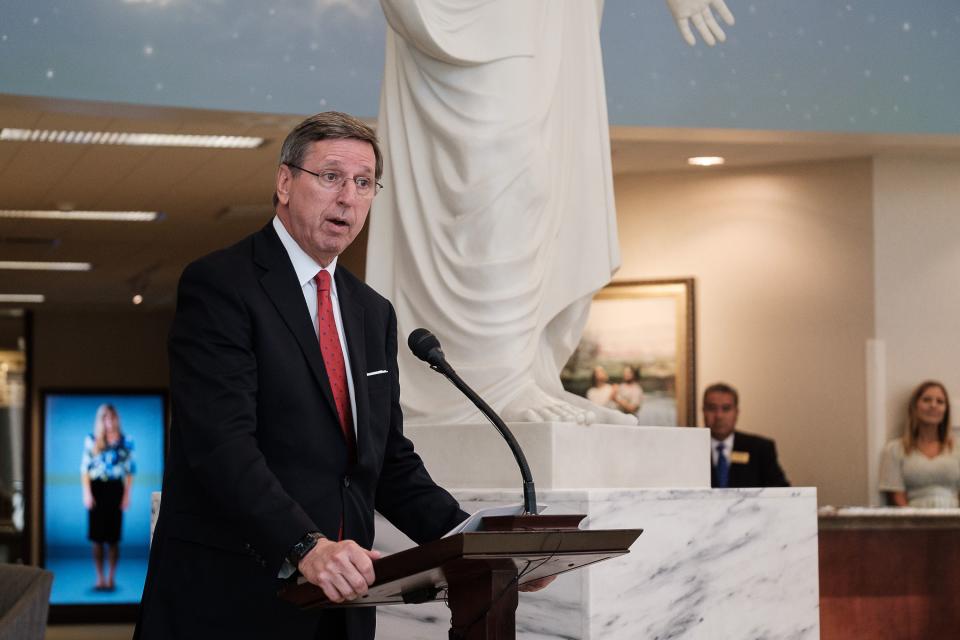 Elder Kevin W. Pearson, president of the Utah Area of The Church of Jesus Christ of Latter-day Saints, speaks to members of the media about the significance of the church’s newly renovated St. George Utah Temple on Wednesday, Sept. 6, 2023, in St. George, Utah. | Nick Adams, for the Deseret News