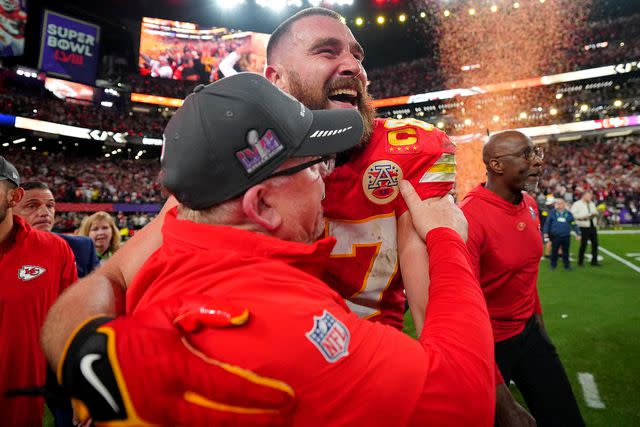 <p>Erick W. Rasco/Sports Illustrated via Getty</p> From Left: Andy Reid and Travis Kelce celebrate on the field