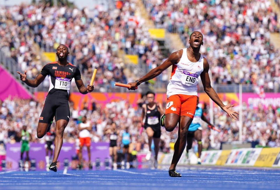 England’s Ojie Edoburun crossed the line to win gold in the men’s 4 x 100m relay final (Jacob King/PA) (PA Wire)