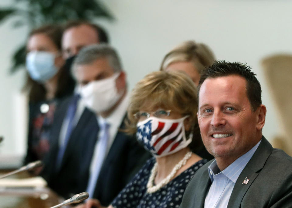 US President Donald Trump's envoy for Serbia-Kosovo talks Richard Grenell takes part in a meeting with Serbian President Aleksandar Vucic at the Serbia Palace in Belgrade, Serbia, Tuesday, Sept. 22, 2020. Trump's administration has been working to normalize relations between Serbia and Kosovo, two former Balkan war foes, and two weeks ago Serbian President Aleksander Vucic and Kosovo Prime Minister Avdullah Hoti signed an economic normalization deal at the White House. (AP Photo/Darko Vojinovic)