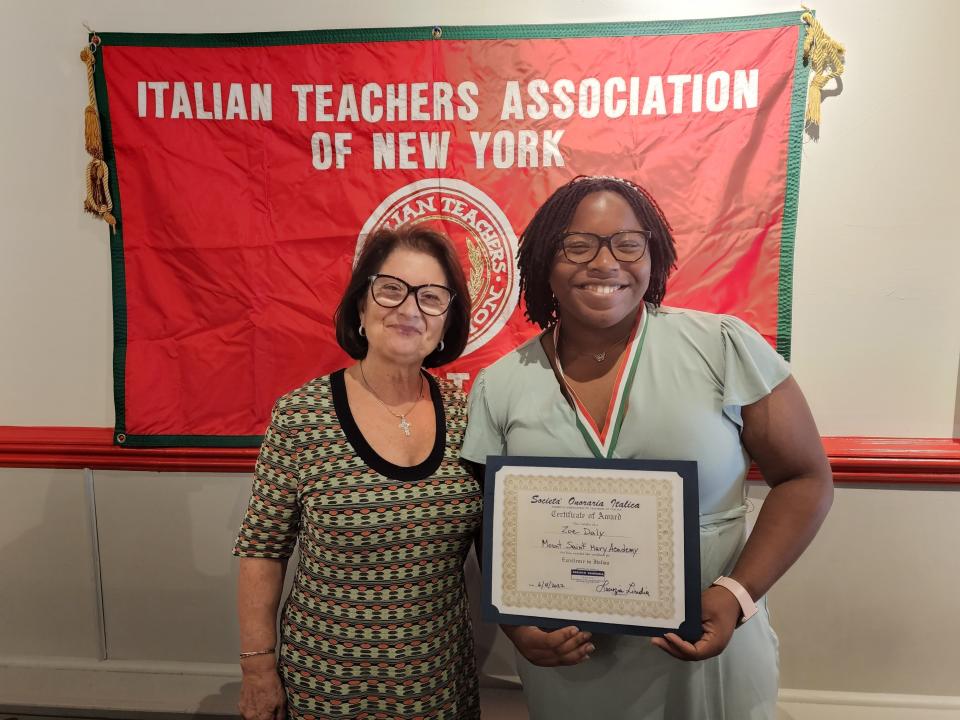 Lucrezia Lindia, president of the Honor Society, poses with Zoe Daly, Mount Saint Mary Academy sophomore and Piscataway resident, who received the Award of Excellence in Italian from the Italian Honor Society (Societa Onoraria Italica).