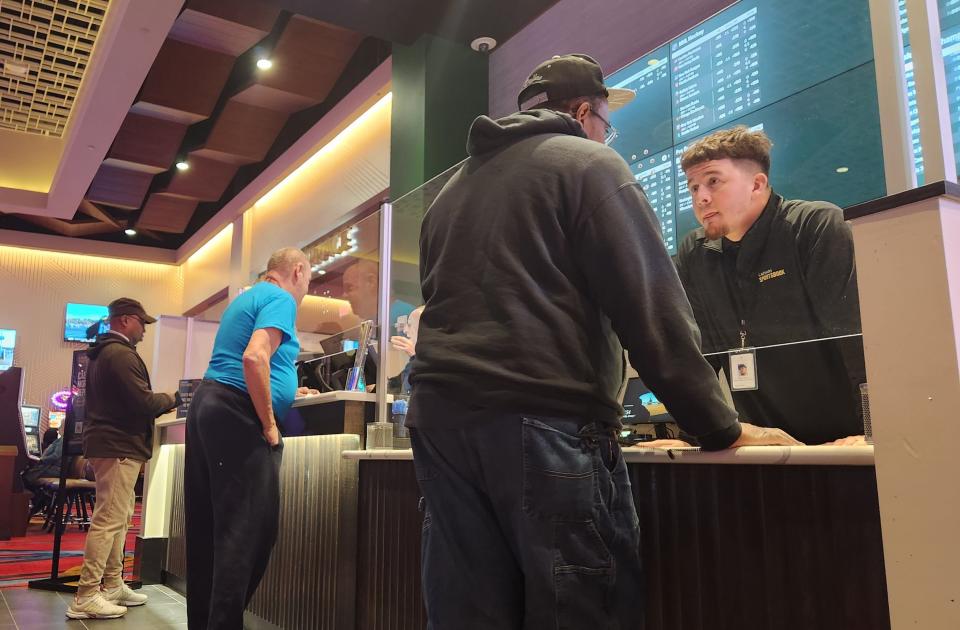 Bettors wagered on sporting events Sundy at the physical sportsbook at Eldorado Gaming Scioto Downs on the Far South Side after sports betting was legalized on Jan. 1, 2023.