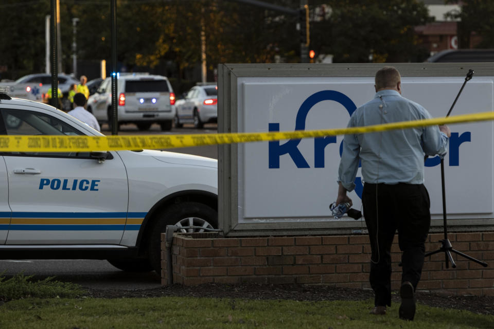 Crime scene tape outside of a Kroger grocery store where a shooting occurred on September 23, 2021, in Collierville, Tennessee. / Credit: Brad Vest / Getty