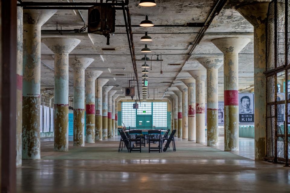 A look inside the prison mess hall in Alcatraz Island.