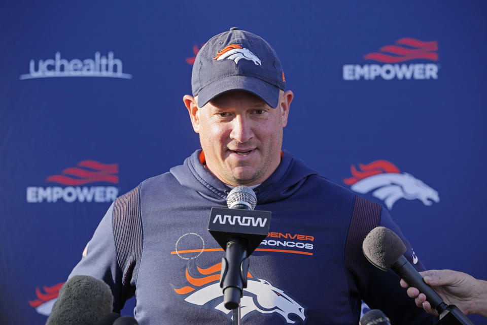 Denver Broncos head coach Nathaniel Hackett attends a news conference after a practice session in Harrow, England, Wednesday, Oct. 26, 2022 ahead the NFL game against Jacksonville Jaguars at the Wembley stadium on Sunday. (AP Photo/Kin Cheung)