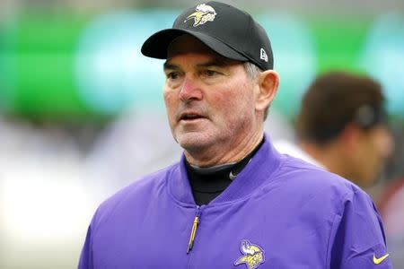 Oct 21, 2018; East Rutherford, NJ, USA; Minnesota Vikings head coach Mike Zimmer during warm up before game against New York Jets at MetLife Stadium. Mandatory Credit: Noah K. Murray-USA TODAY Sports