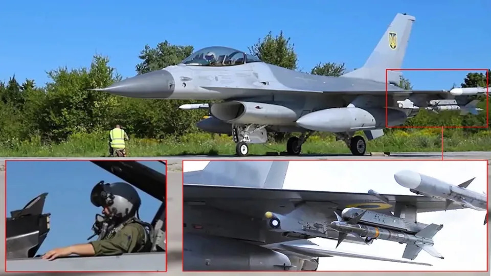 An annotated image of a Ukrainian F-16 showing it equipped with 4 AIM-9s and a Terma pylon with integrated self-protection features. The inset at bottom left also shows a pilot wearing a Joint Helmet Mounting Cueing System (JHMCS). <em>Ukrainian Ministry of Defense capture</em>