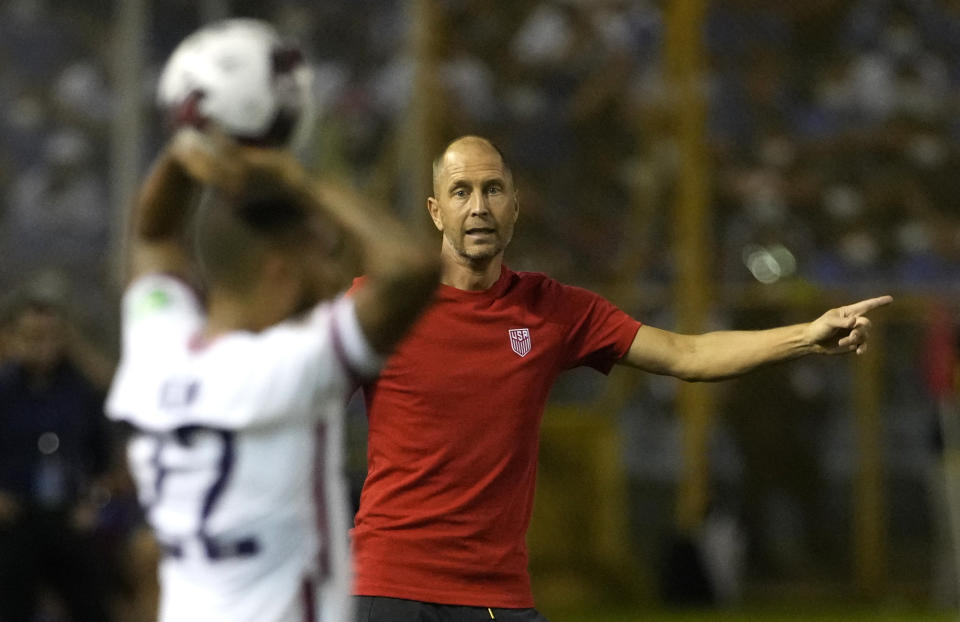 United States's coach Gregg Berhalter gives instructions to his players during a qualifying soccer match against El Salvador for the FIFA World Cup Qatar 2022 at Cuscatlan stadium in San Salvador, El Salvador, Thursday, Sept. 2, 2021. (AP Photo/Moises Castillo)