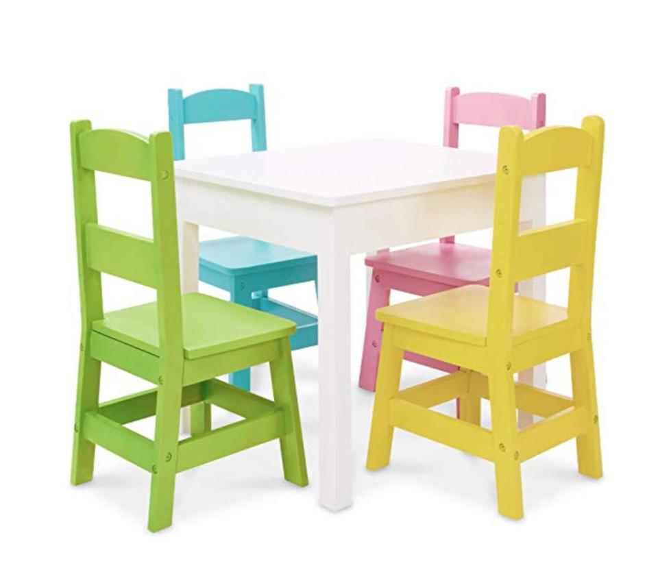 At nearly 50% off, this <strong><a href="https://amzn.to/2lj99rH" target="_blank" rel="noopener noreferrer">Melissa &amp; Doug table and chairs set</a></strong>&nbsp;is sturdy and easy to assemble. A bargain for the price!