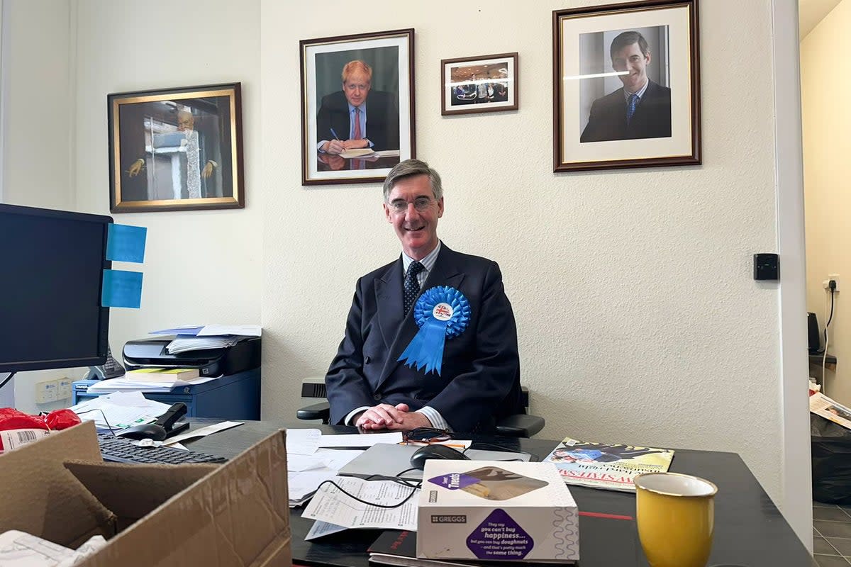 Jacob Rees-Mogg takes a break for lunch at the North East Somerset and Hanham Conservative Association office in Keynsham (The Independent)