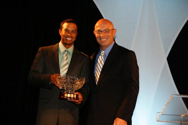 Tiger Woods and Tim Rosaforte pose during the Golf Writer's Association of America Awards dinner prior to the start of The Masters at Augusta National Golf Club on April 4, 2007.