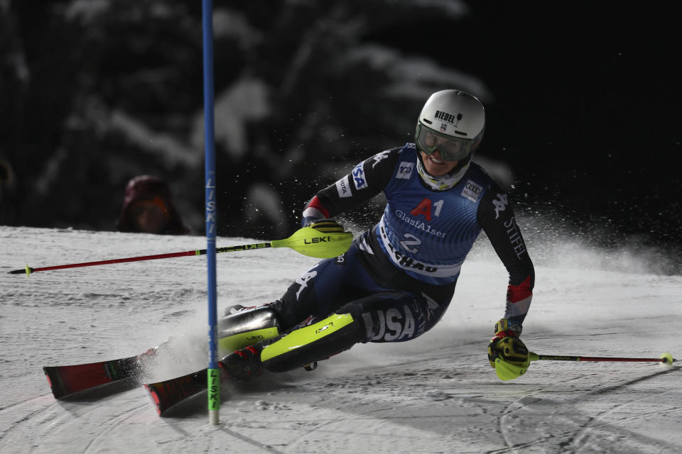 United States' Paula Moltzan competes during an alpine ski, women's World Cup slalom in Flachau, Austria, Tuesday, Jan.16, 2024. (AP Photo/Marco Trovati)