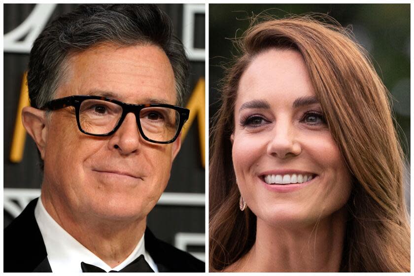 Left, Stephen Colbert poses for a Red Carpet portrait at the 75th Emmy Awards on Monday, Jan. 15, 2024 at the Peacock Theater in Los Angeles. Right, Britain's Kate, Duchess of Cambridge poses for photographers at The Earthshot Prize Awards Ceremony, in London, Oct. 17, 2021. (Photo by Jordan Strauss/Invision for the Television Academy/AP Images, AP Photo/Scott Garfitt, File)