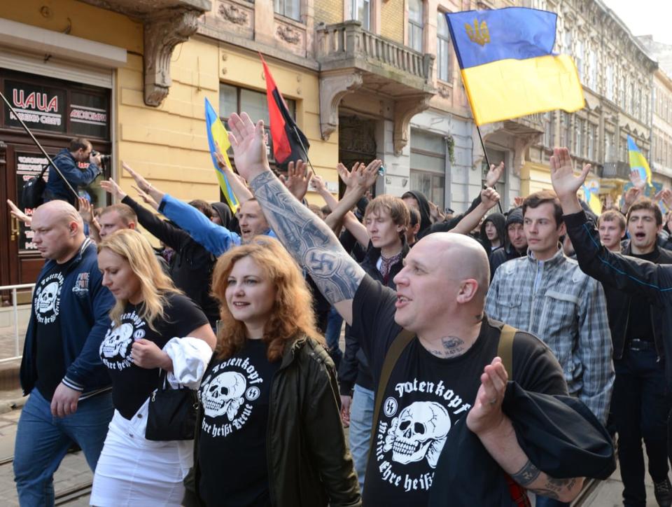 <div class="inline-image__caption"><p>Ukrainian ultra-nationalists march through the center of Lviv on April 28, 2013, to mark the 70th anniversary of 14th SS-Volunteer Division “Galician” foundation.</p></div> <div class="inline-image__credit">Yuriy Dyachyshyn/AFP via Getty</div>