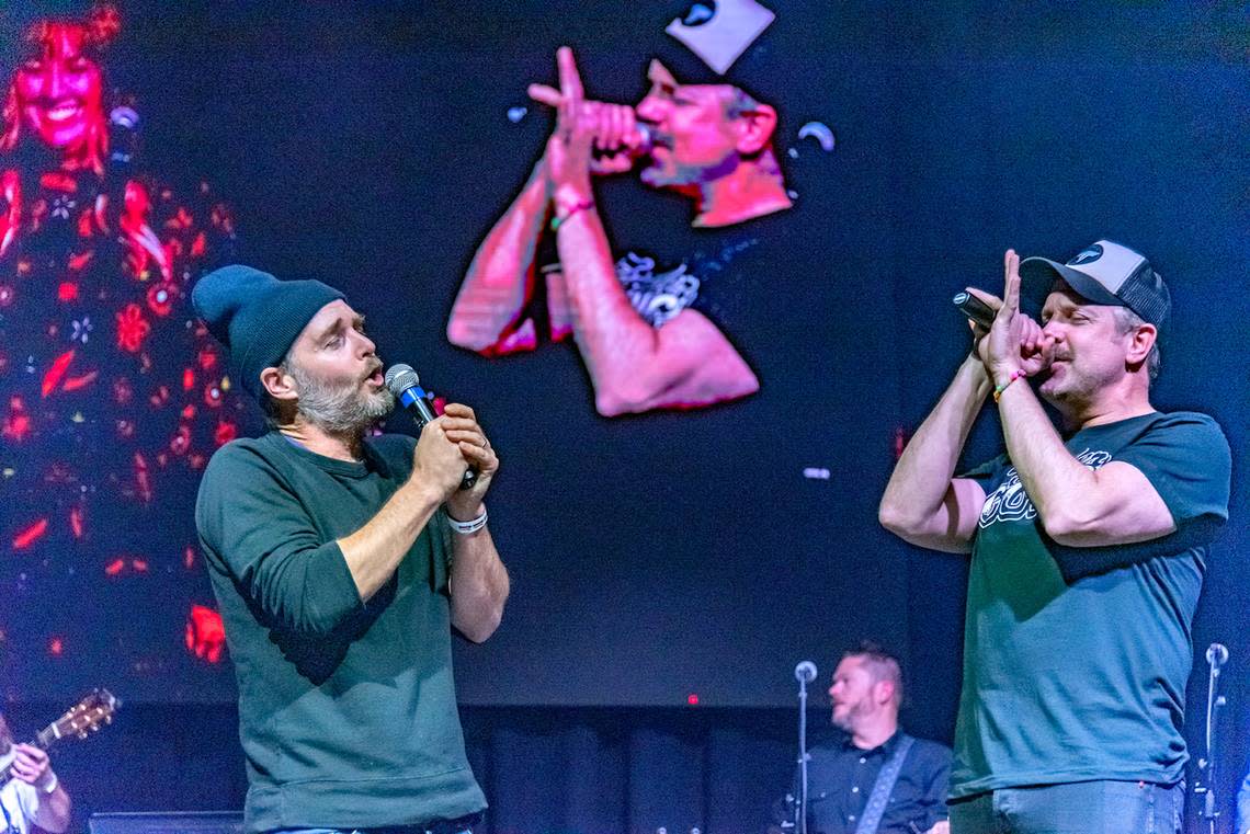 “Saturday Night Live” alums Will Forte, left, and Jason Sudeikis sang a duet during the Thundergong! fundraiser on Saturday at the Uptown Theater.