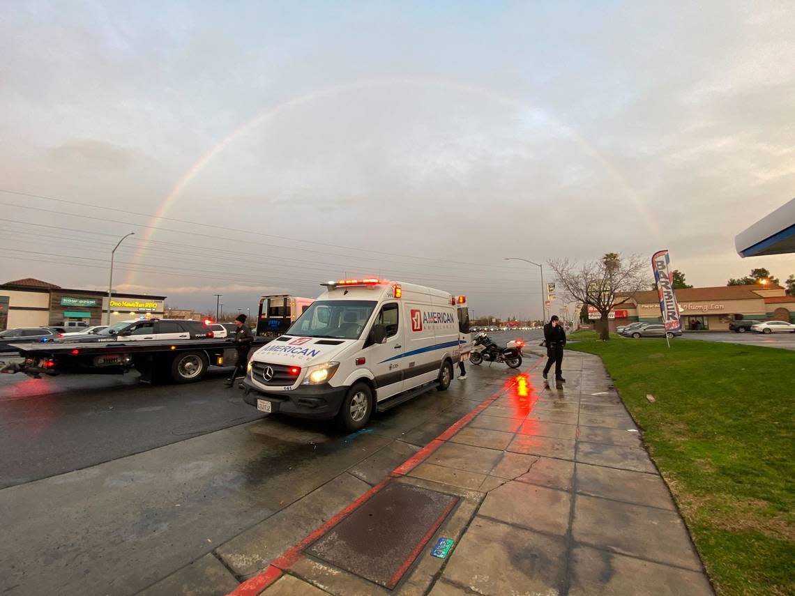 A rainbow appears near the scene of a two-vehicle collision on Shaw and Brawley avenues on Thursday, Jan. 5, 2023.