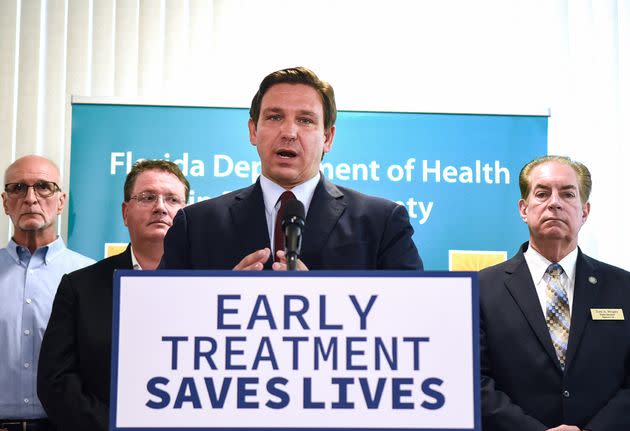 DeSantis holds a news conference on Sept. 1 to announce that the state has provided more than 40,000 monoclonal antibody treatments to COVID-19 patients statewide. Florida continues to lead the nation in COVID-19 deaths amid the latest surge. (Photo: SOPA Images via Getty Images)