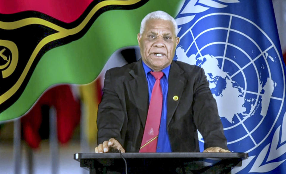 In this photo taken from video, Bob Loughman, Prime Minister of Vanuatu, remotely addresses the 76th session of the United Nations General Assembly in a pre-recorded message, Saturday Sept. 25, 2021 at UN headquarters. (UN Web TV via AP)