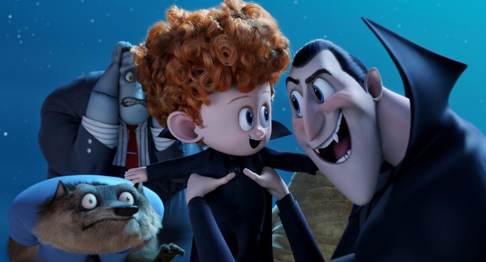 HOTEL TRANSYLVANIA 2, l-r: Wayne the Werewolf (voice: Steve Buscemi), Frank (voice: Kevin James), Dennis (voice: Asher Blinkoff), Dracula (voice: Adam Sandler), 2015. ©Sony Pictures/courtesy Everett Collection