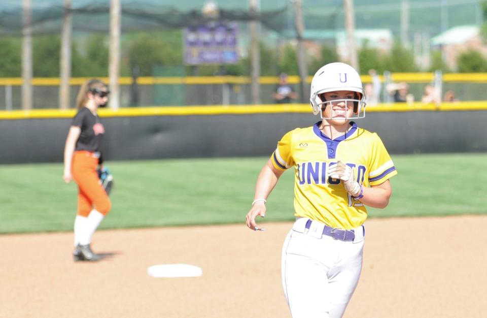 Unioto's Megan Miller rounds the bases after hitting a home run in the Shermans' 3-0 win over Waverly in the Division II sectional finals on May 10, 2023.