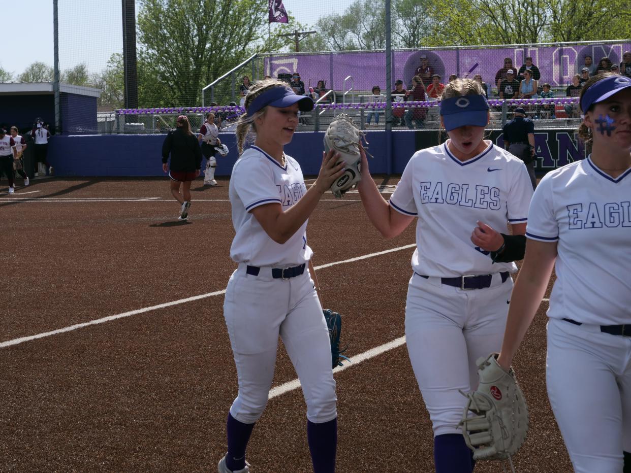 The Canyon softball team runs off the field between innings during a game against Hereford on April 21, 2023 at Canyon High School.