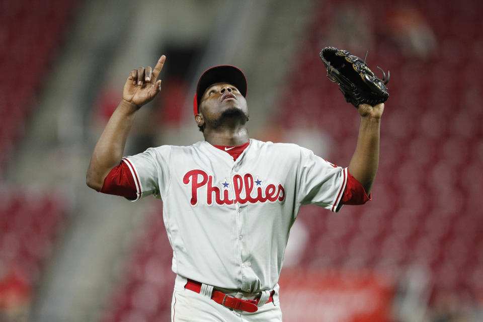 CINCINNATI, OH - SEPTEMBER 03: Hector Neris #50 of the Philadelphia Phillies reacts after pitching the final out in the ninth inning against the Cincinnati Reds at Great American Ball Park on September 3, 2019 in Cincinnati, Ohio. The Phillies defeated the Reds 6-2. (Photo by Joe Robbins/Getty Images)