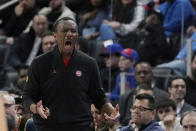 Detroit Pistons head coach Dwane Casey yells from the sideline during the second half of an NBA basketball game against the Boston Celtics, Monday, Feb. 6, 2023, in Detroit. (AP Photo/Carlos Osorio)