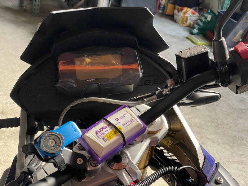 E-ZPass transponder mounted to a motorcycle handlebar