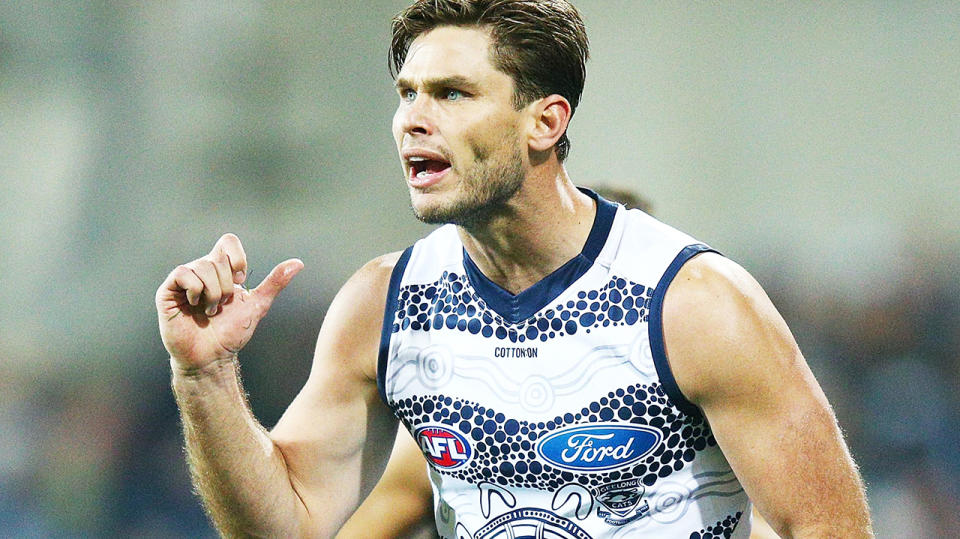 Geelong star Tom Hawkins, pictured, will miss the preliminary final after the AFL Tribunal upheld his one-game ban.