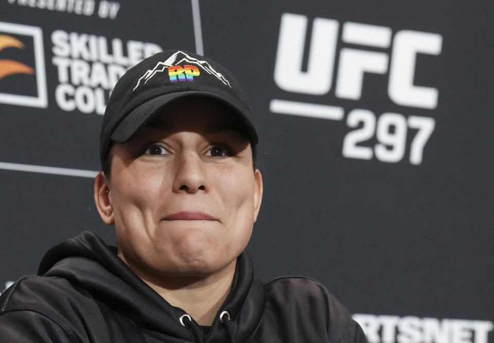 Women's bantemweight Raquel Pennington speaks ahead of UFC 297 in Toronto Wednesday, Jan. 17, 2024. (Nathan Denette/The Canadian Press via AP)